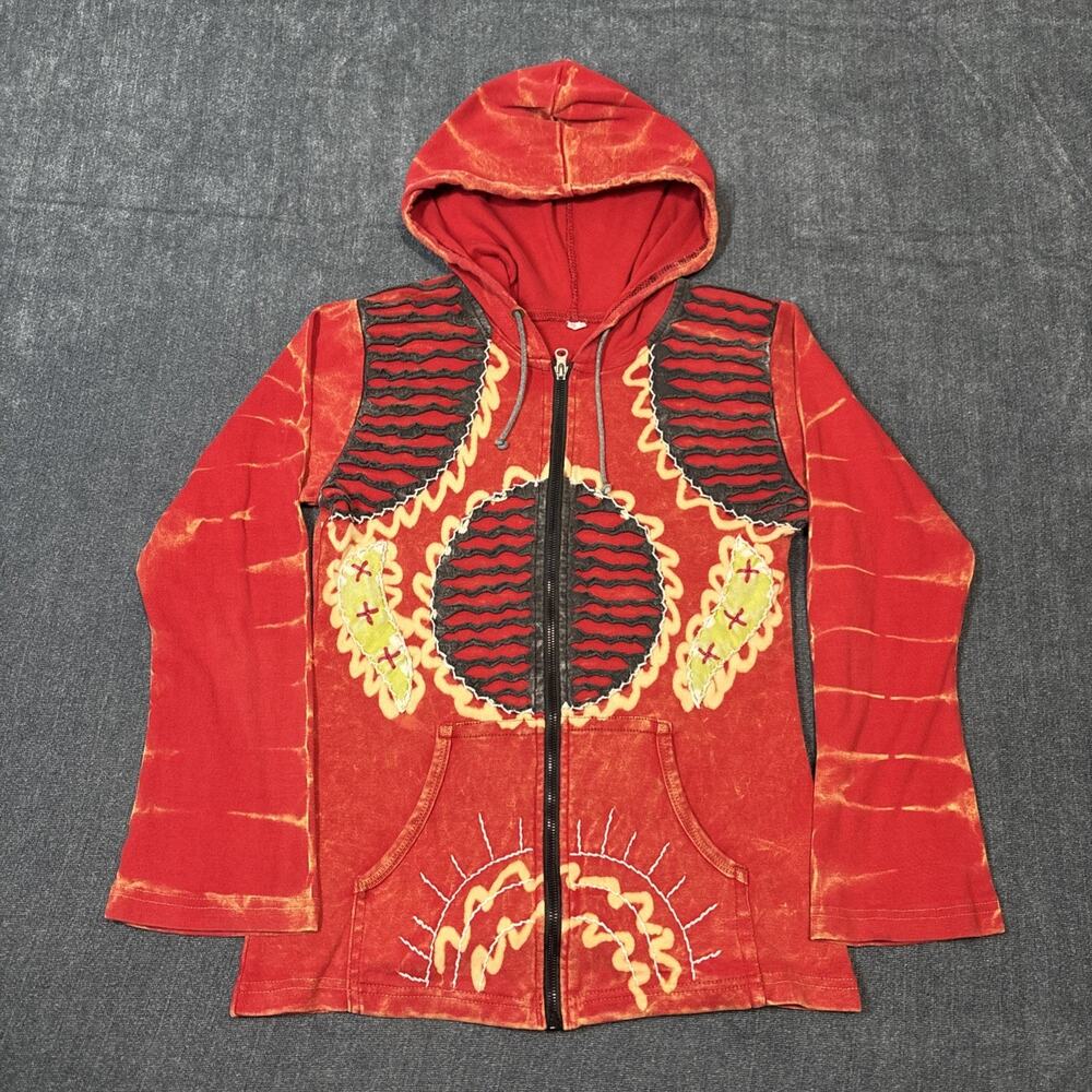 Rising International Hoodie Nepal Boho Applique Embroidered Zip Red Small